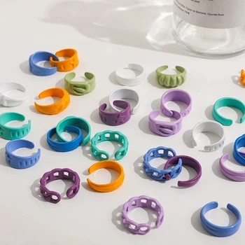 2021 New Trendy Hand-painted Candy Color Dripping Oil Geometric Chain Rings for Women Multicolor Irregular Open Rings Jewelry