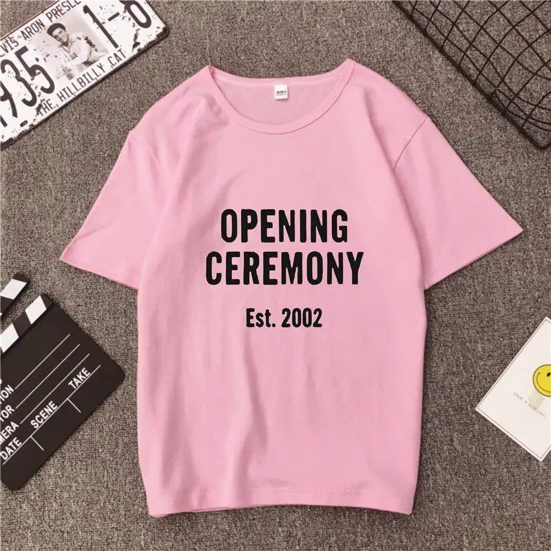OPENING CEREMONY дата с буквенным принтом, Детская футболка с принтом Футболки Для женщин Harajuku Повседневное унисекс футболка tumblr уличная Стиль эстетику Топы Прямая - Цвет: Розовый
