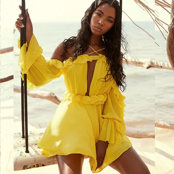 

2019 New Women Dress Long Sleeve Off Shoulder Beach Chiffon Dresses Halter Solid Yellow Pink Short Mini Dress