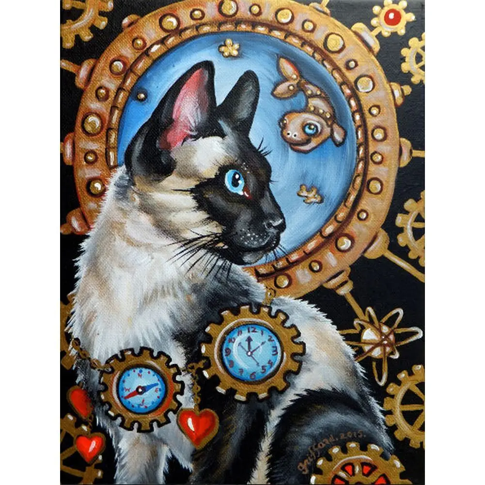 

Full Drill Diamond Painting Embroidery Cat And Time Mosaic Elegant for Hobby