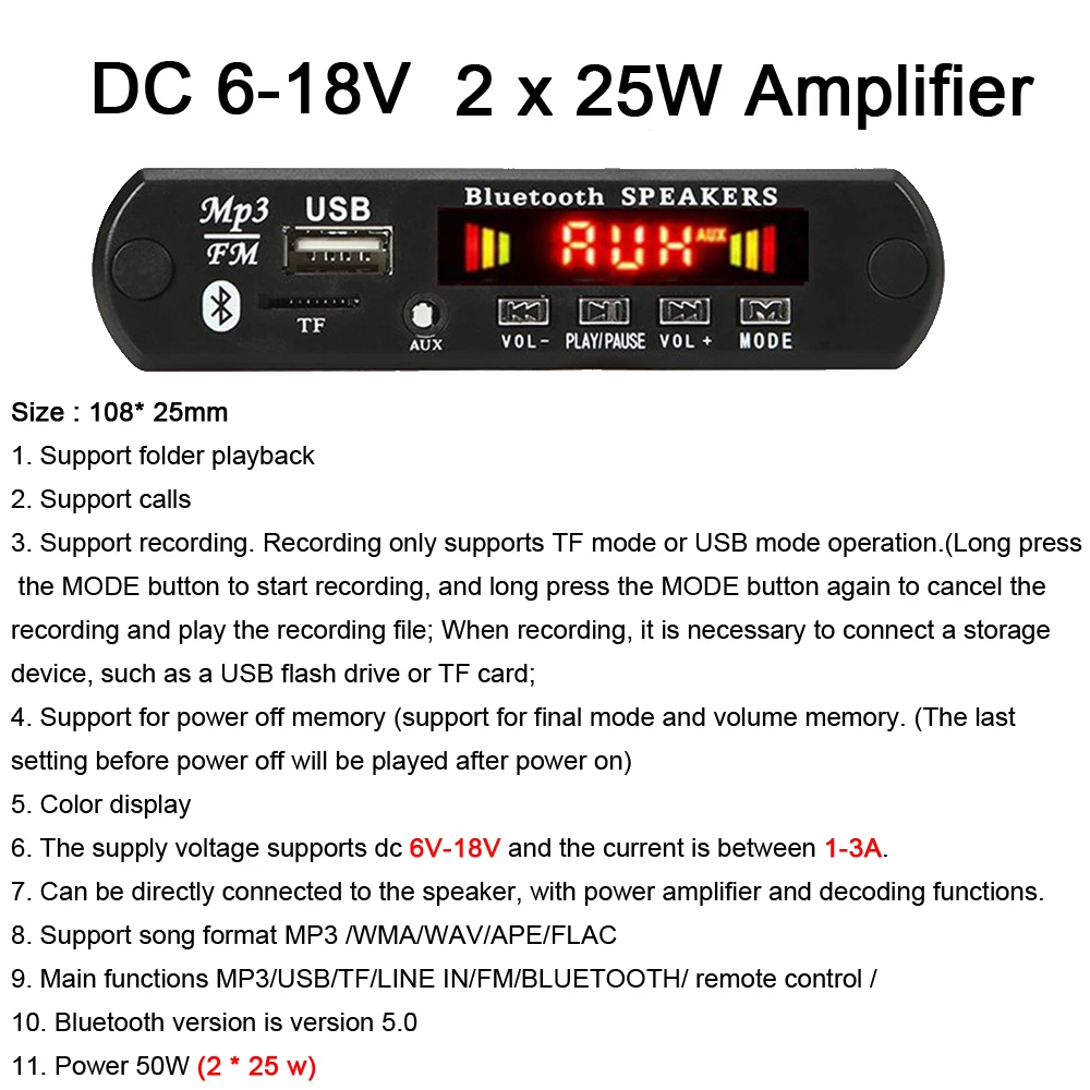 2*25W 50W Amplifier MP3 Player Decoder Board 5V-18V Bluetooth 5.0 Car FM Radio Module Support TF USB AUX 3.5 WMA Player Decoder