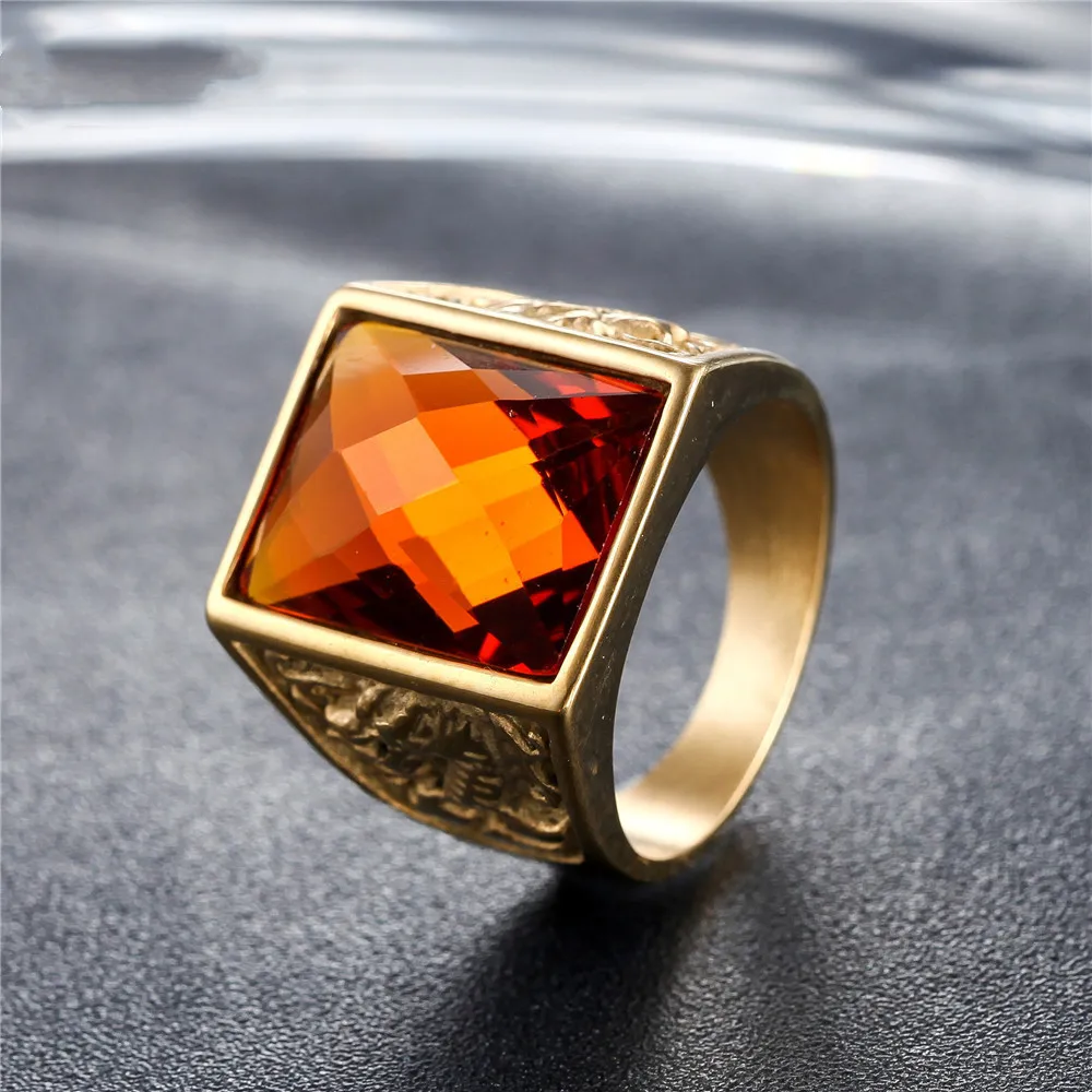 orange Большие драгоценные камни, мужское кольцо, аквамарин, синий, зеленый, черный, красный камень, 18 К золото, античный Титан, крутой дракон, ювелирные изделия, вечерние, подарок, размер 8, 9-12 - Цвет камня: orange
