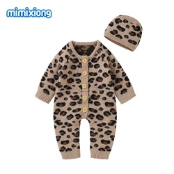 Ensemble de vêtements pour bébés, barboteuse, chapeaux, tricoté, léopard, à la mode, combinaisons pour garçons et filles, automne hiver, vêtements pour nourrissons 