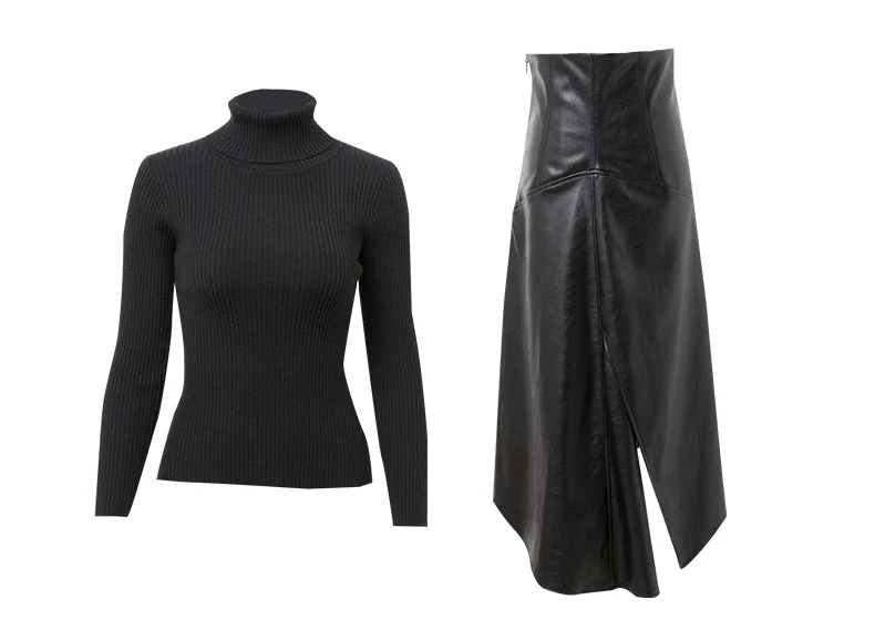 AS picture 9.30 High quality Fashion suit Autumn Winter turtleneck wool knitted black leather asymmetrical split skirt two piece set - Цвет: AS picture