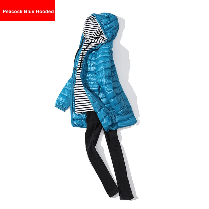 Peacock Blue Hooded Зимние куртки размера плюс, женские куртки с капюшоном на утином пуху, 5XL, 6XL, 7XL, средней длины, ультра-светильник, пуховая куртка с капюшоном, Осенние парки - Цвет: Peacock Blue Hooded