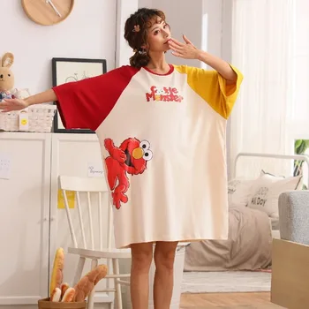 

2020 Polyester Short Fashion Nightwear Summer New Cotton Nightdress Loose Plus Size Sleepwear M-4xl Womens Nightgown Round Neck
