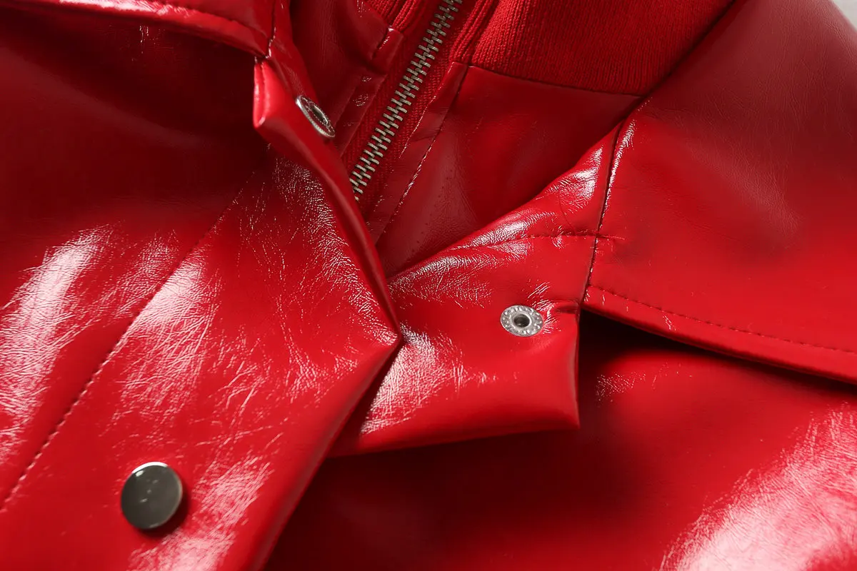 Осень искусственная кожа женская куртка из искусственной кожи с длинными рукавами красный Искусственная кожа короткая куртка, пальто Байкер Мотоцикл Куртка в Корейском стиле; Верхняя одежда для детей
