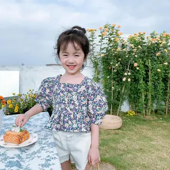 

2020 Korea Style Girls Printed Blouse Cotton Summer Short Sleeve Kids Girls Shirt 2-7 Years