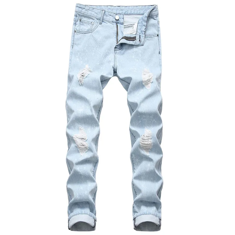 Light blue Color: Dark Blue Light Blue Medium Blue Jeans Men New Men's Straight Hole Jeans Men's Slim Denim Trousers - Цвет: Light blue