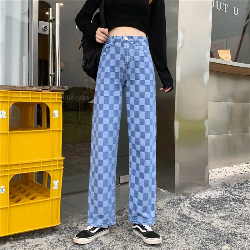 Women Wide-leg Pants Thin High-waist Lattice Female Trousers Straight-leg Sports Harajuku Casual Jeans Skateboard Loose Girls