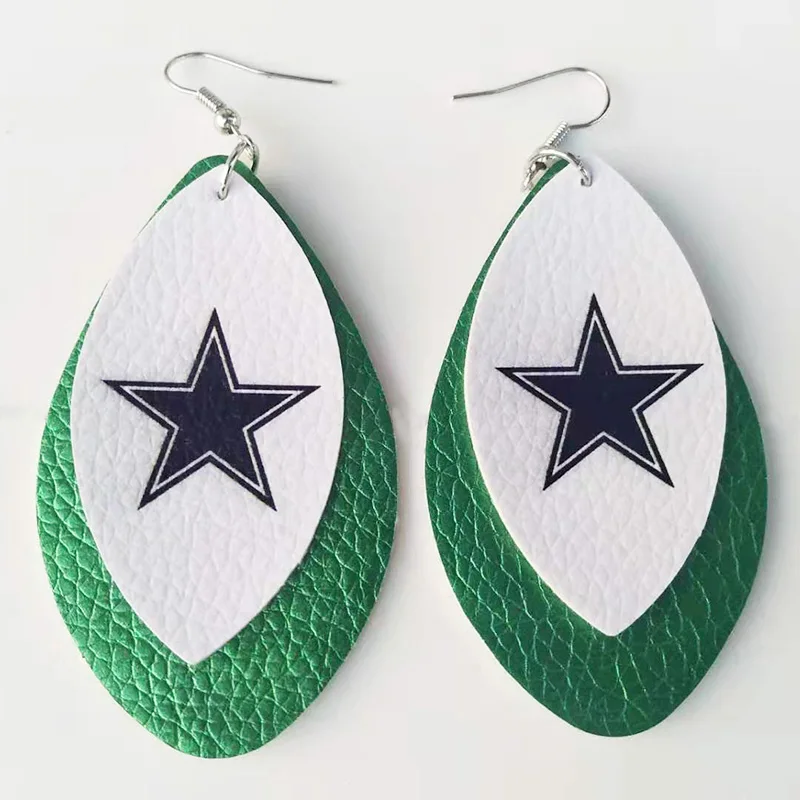 New! Dallas Cowboy Double Layer Glitter Football Fans Faux Leather Earrings Fahion Teardrop Leaf Earrings We Can Customize Stock