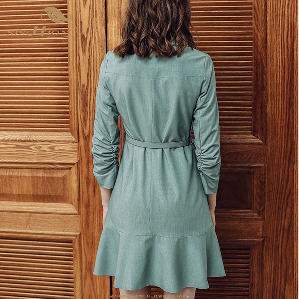SISHION, двубортное винтажное платье, VD1249, 3/4 рукав, для женщин, для офиса, для девушек, тонкое, весна, желтое, зеленое платье