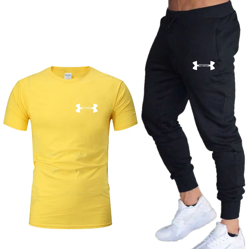 Хлопковые новые мужские комплекты для бега быстросохнущая дышащая футболка+ свободные Стрейчевые тренировочные штаны для спортзала, бега, фитнеса, тренировок, спортивный костюм для мужчин