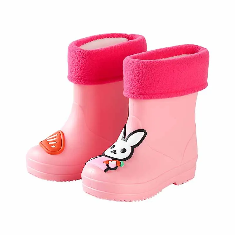 pink warm Детские непромокаемые сапоги; бархатные теплые нескользящие легкие уличные сапоги; ботильоны для мальчиков и девочек; Водонепроницаемая Обувь - Цвет: pink warm
