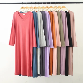

Women Nightwear Long-sleeved V-neck Dress Loose Modal Nightdress Large Size Long Night Dress New Arrived
