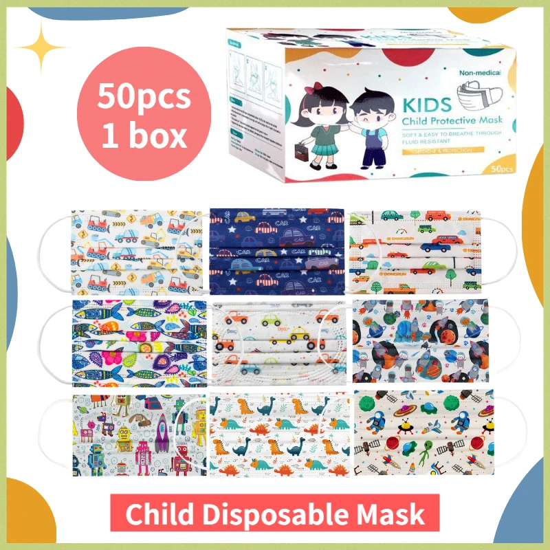50 pces crianças descartável 3 camada dos desenhos animados carro menino menina criança filtro higiene earloop rosto máscara boca crianças máscara|Máscaras das mulheres| -
