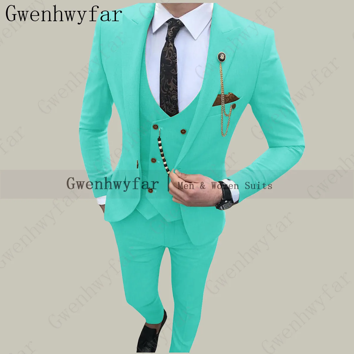 Gwenhwyfar-esmoquin de moda turquesas para hombre, trajes de un botón para novio, cena de boda, los mejores trajes de hombre (chaqueta + Pantalones + chaleco)