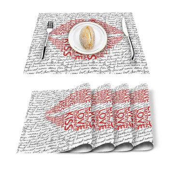 

English Background Red Lips Placemat Washable Cotton Linen Table Cloth Pad Mat Rectangle Placemats Heat Resistant