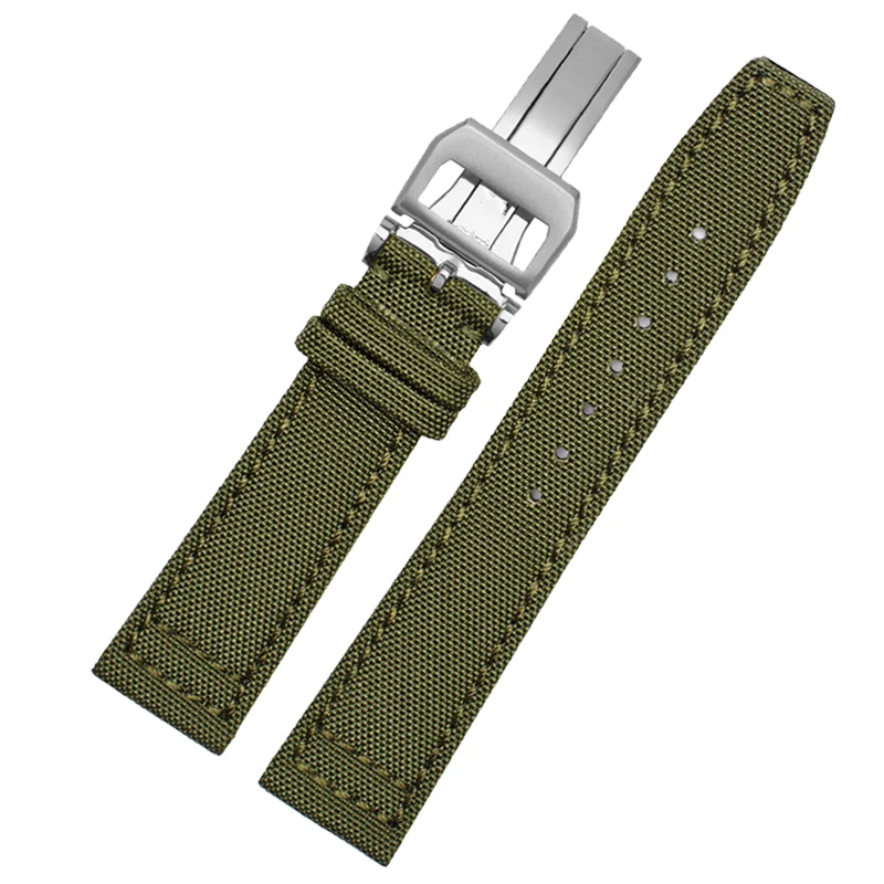 Green and Black Nylon Leather Watch Band Strap with Silver Pin Buckle - High Quality