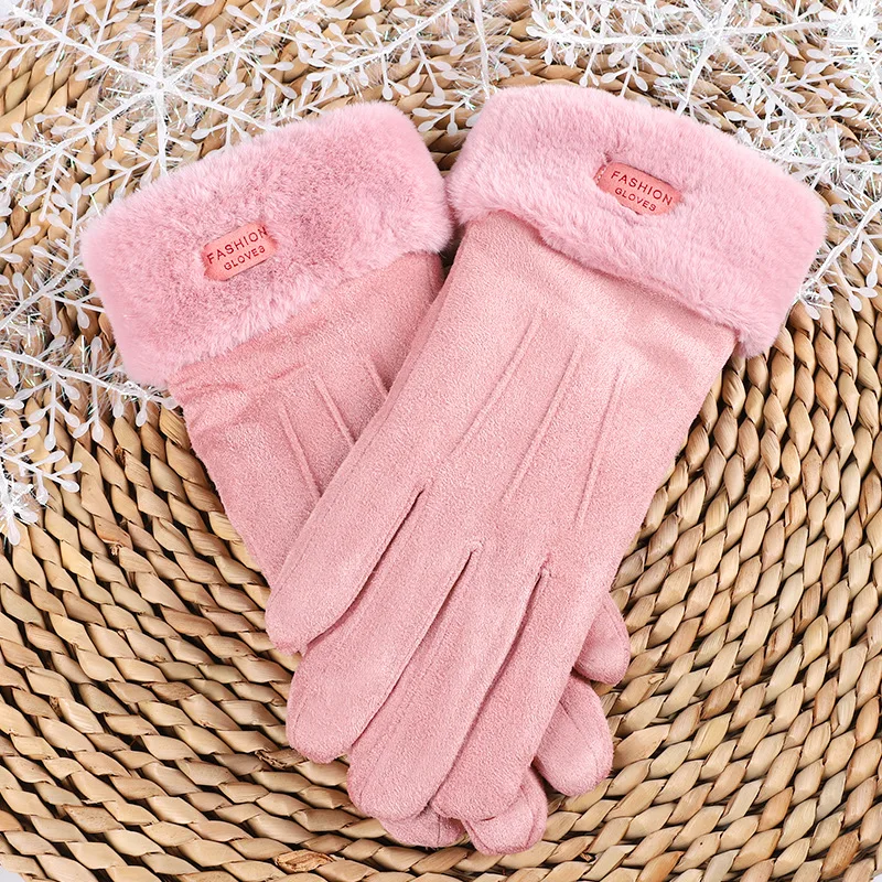 Pink Warm Touchscreen Gloves Winter Women Deerskin Velvet Full Fingers Fluff Lining Outdoor