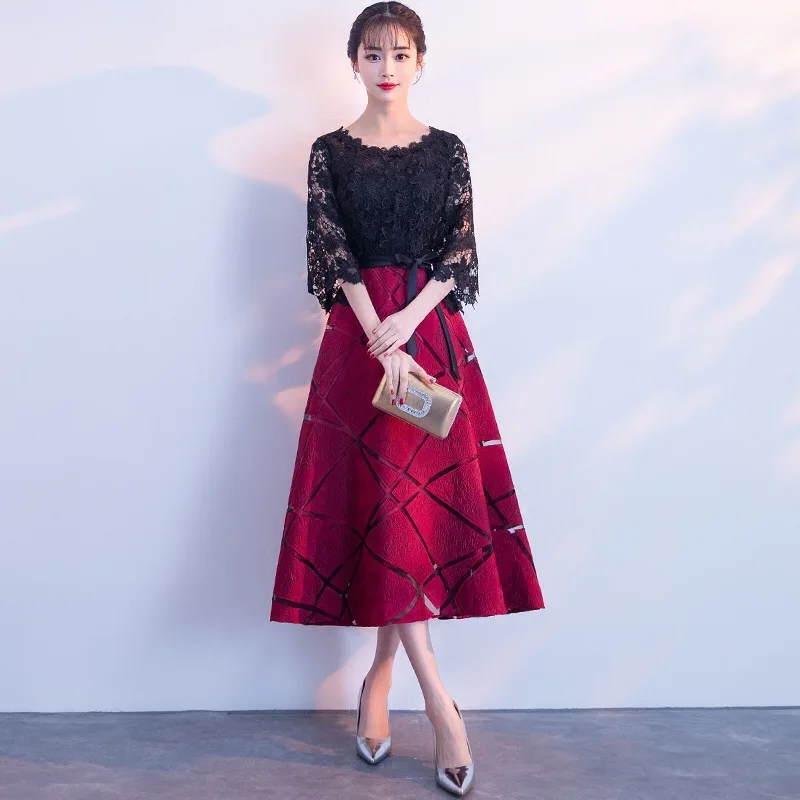 Patchwork Coctail Dress Midi Elegant Vestido Soiree Lace Sleeve Formal Prom Lace Up Cocktail Dresses Evening Party TS249