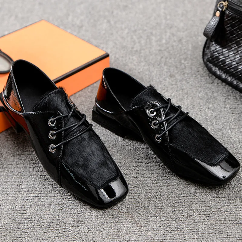[DEAT] Square Toe Shallow Patent Leather Bandage Casual Single Flat Shoes Women New Spring Autumn Fashion Tide 10D896