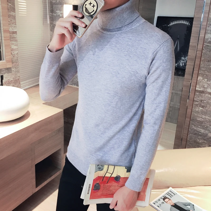 light grey thin Корейские мужские топы размера плюс, модные кашемировые футболки с высоким воротником и длинным рукавом, повседневные облегающие мужские осенние облегающие футболки - Цвет: light grey thin