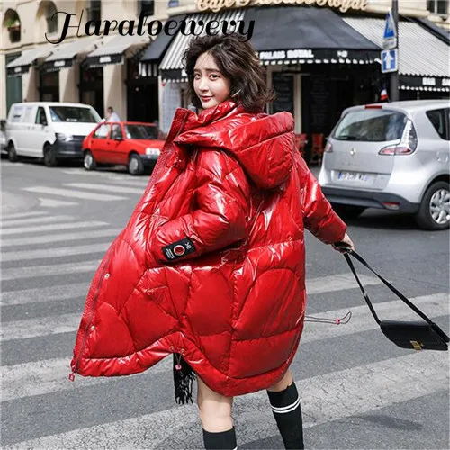 Winter White Duck Feather Long Women's down jacket 2019 New Hooded Zipper Loose Large Size Black Red white Glossy | Женская одежда