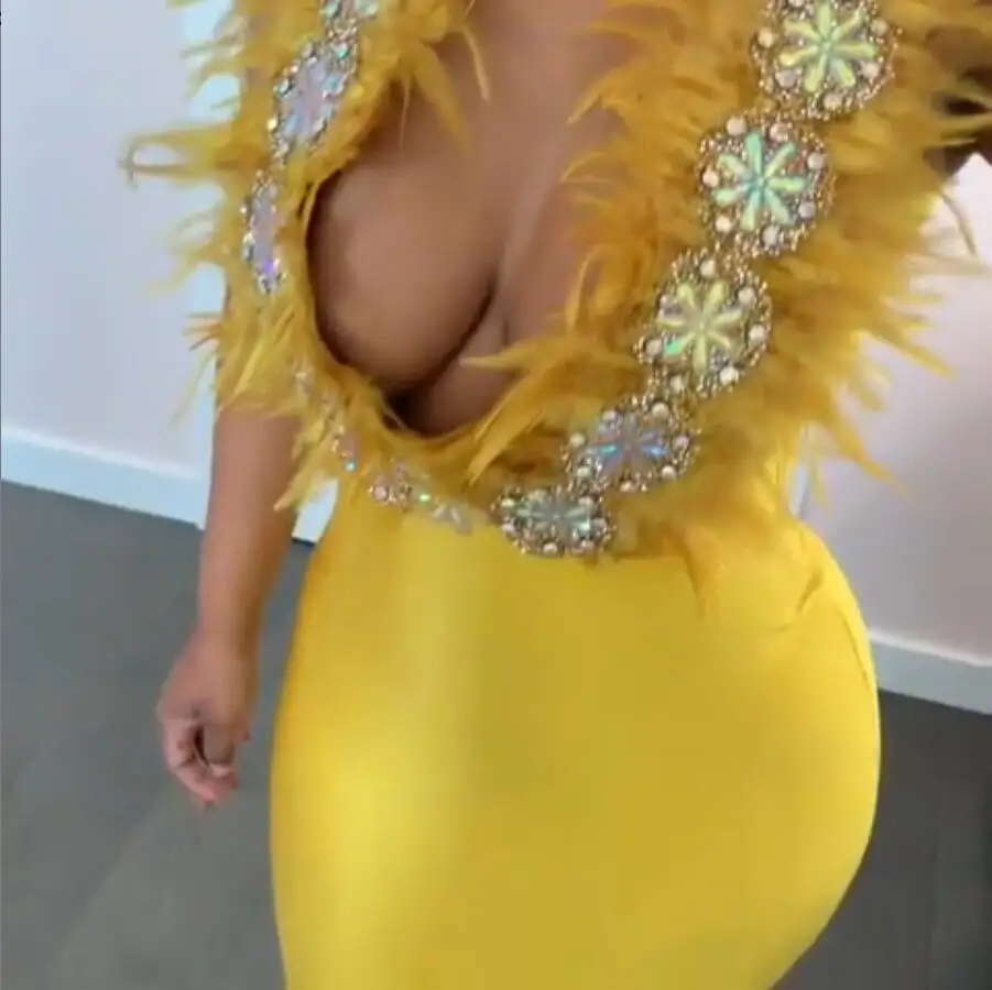 

Yellow Color Ladies HL Bandage Dress Deep V-Neck Bodycon Mini Dress Feather Sexy Club Night Dress High Quality