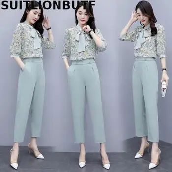 

Perfect Quality 2020 Summer Plus Size Chiffon 2 Piece Set Floral Print Bow Tops Zipper Fly Pencil Pants Ropa Mujer Elegant Sets