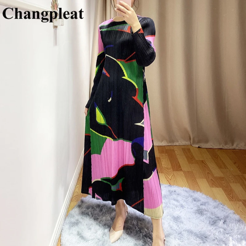 

Changpleat 2020 Spring New Women Printed Dresses Miyak Pleated Fashion slim O-neck large Size long sleeve Female Dress Tide D907