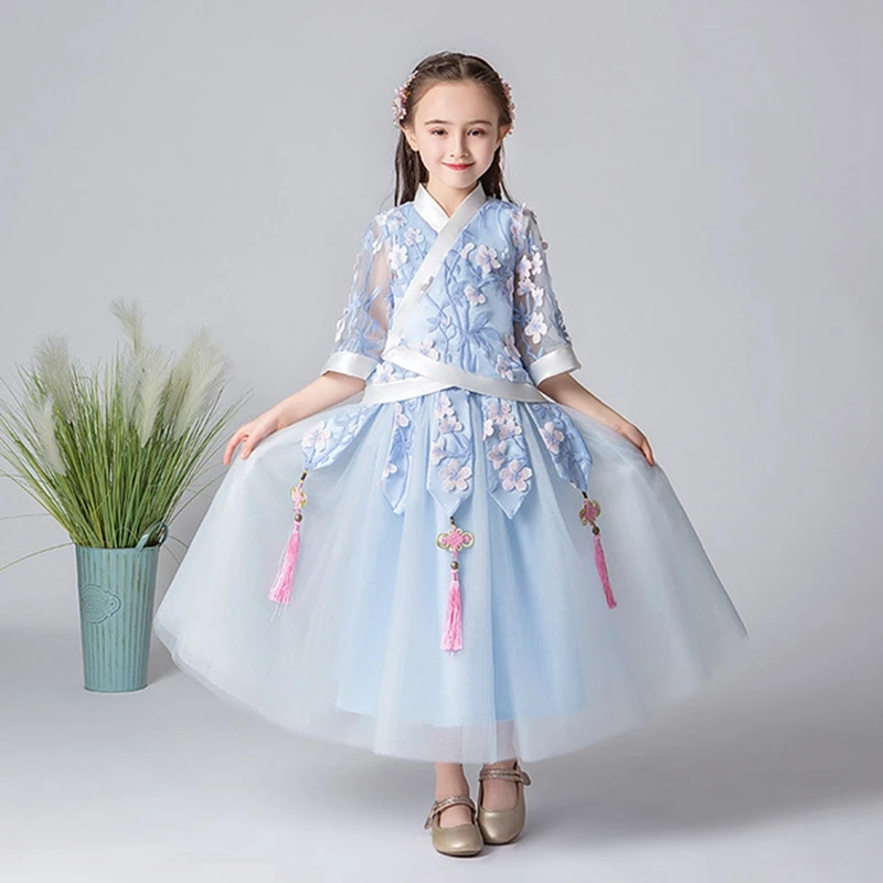 Hanfu/кружевное платье с вышивкой для девочек, 2 предмета осень г. костюм в китайском стиле ретро Улучшенная юбка Hanfu супер сказочное платье для малышей