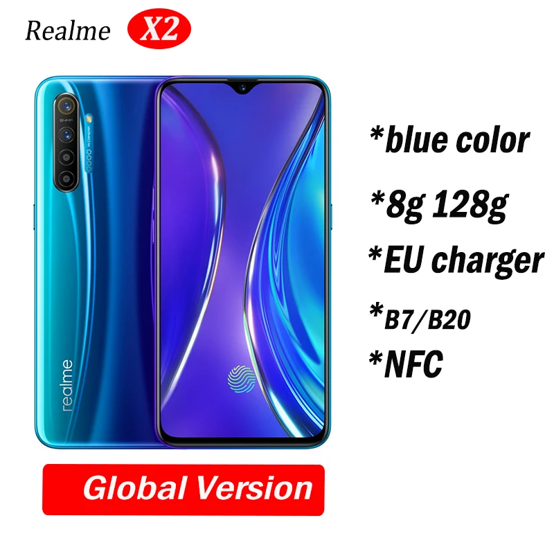 Realme X2 глобальная Версия Мобильный телефон 6,4 ''полноэкранный Snapdragon 730G 64MP камера NFC 30W быстрое зарядное устройство OPPO сотовый телефон VOOC - Цвет: 8G 128G Blue