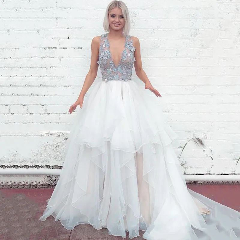 

Eightree Deep V Neck Evening Dress Ruffles Tiered Prom Dresses 3D Flower Bead Organza Evening Party Gowns Backless A Line Formal