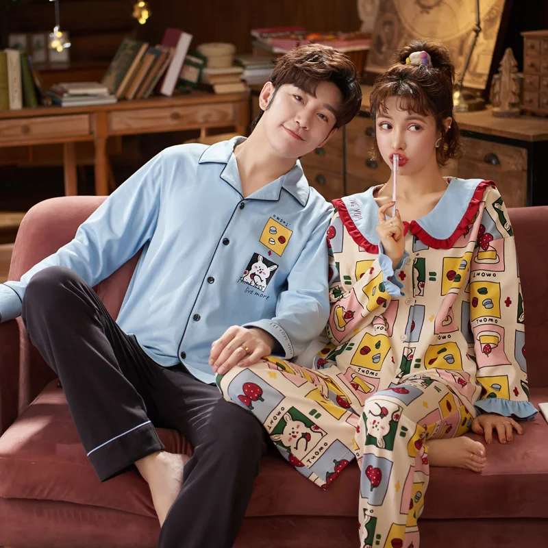 

MELIFLE Autumn Cotton Couple Pajamas Set Winter Warm Satin Kawaii Sleepwear Suit for Women Atoff Home Silk Soft Men's Nightwear