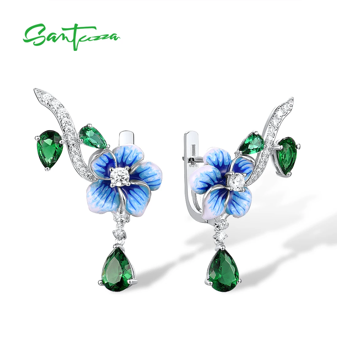 Funkelnde Klapp-Creolen aus blauen Blüten und grünen Kristall-Blättern | 925 Silber Ohrringe