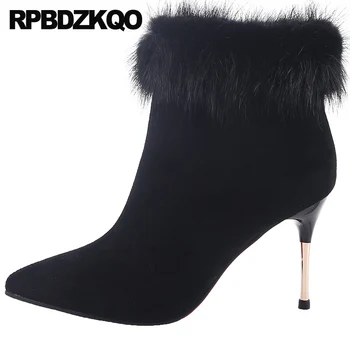 

women boots winter 2019 fur high heel gray short ladies black ankle booties quality fashion pointy pointed toe shoes brand suede