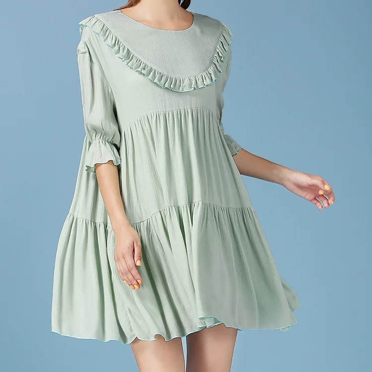 

7290 # Hipster Green Loose-Fit Slimming High-waisted GIRL'S Dress Short Skirt Frilled Three-quarter-length Sleeve Dress