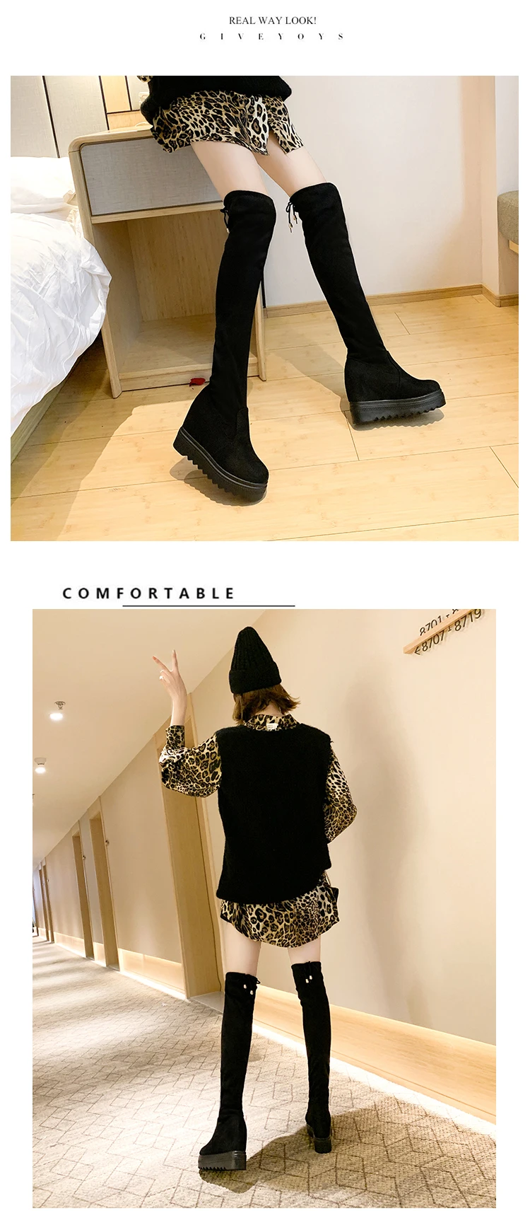 Nice Wedge Platform Over The Knee Boots Women Slim Thigh High Boots Women Winter Long Booties Ladies Black
