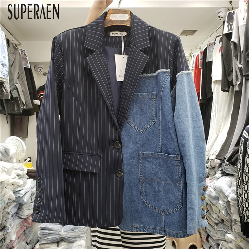 SuperAen, модный костюм, куртка для женщин, осень, новинка, хлопок, ассиметричный деним, Прошитые, женские куртки, дикие, с длинным рукавом, в полоску