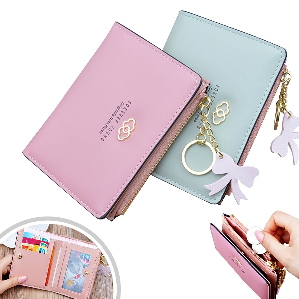 

Small 2Fold Purse with Outside Zip Coin Bag Hasp Girl PU Wallet Bow Tassel Gold Alloy 3D Decor RFID Card Holder Cash Organizer