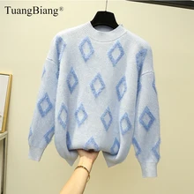 ##Special Price Colored Diamond pattern Thick Winter Women Sweater Ladies 2019 O-Neck Long Sleeve Warm Pullover Female Fashion Soft Blue Jumpers ##Special Price Colored Diamond pattern Thick Winter Women Sweater Ladies 2019 O-Neck Long Sleeve Warm Pullover Female Fashion Soft Blue Jumpers