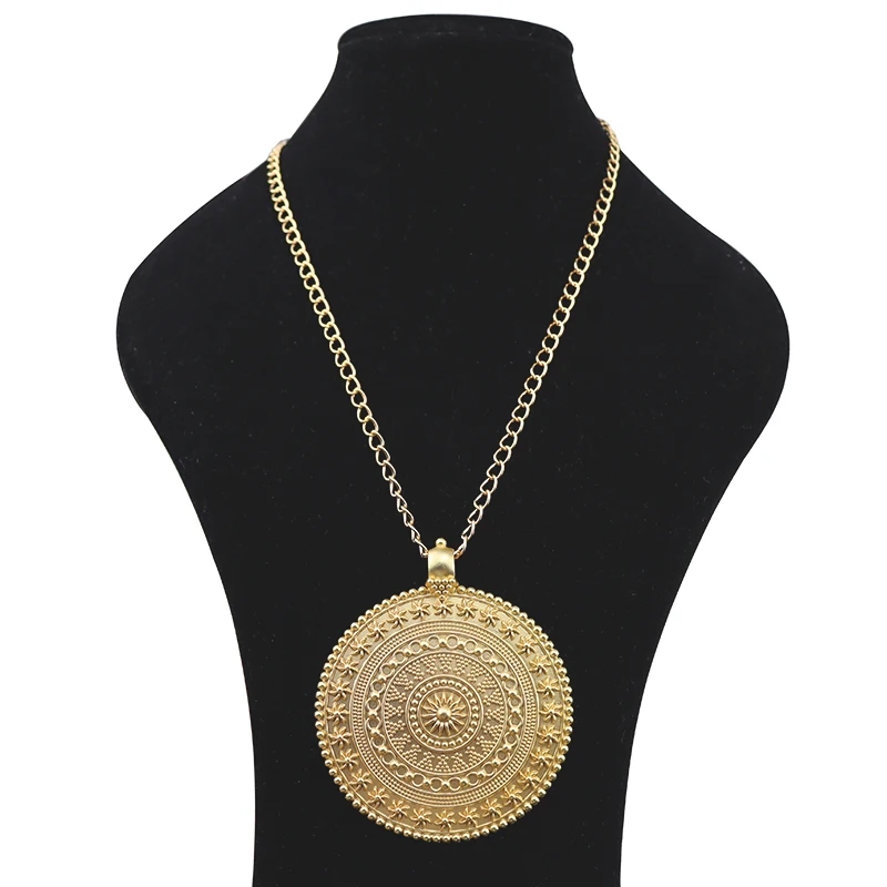 

1 x Matt Gold Metal Abstract Boho Large Round Flower Medallion Fashion Jewelry Pendant Necklace on Long Link Chain Lagenlook 34"