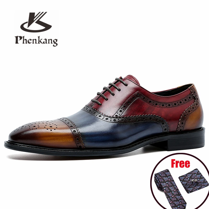 Phenkang Men Genuine Wingtip Leather Oxford Shoes Pointed Toe Laces Up Oxfords Dress Brogues Wedding Business Platform Shoes