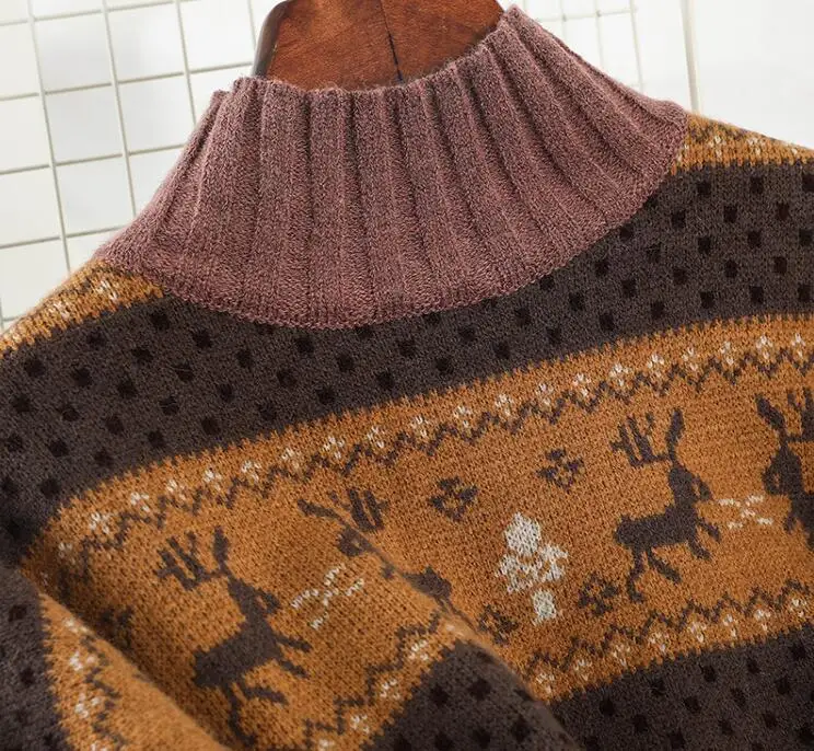 Mooirue зима, женский свитер в Корейском стиле, водолазка, Ретро стиль, принт с оленем, Повседневная Уличная одежда, ленивый Свободный вязаный пуловер, топы