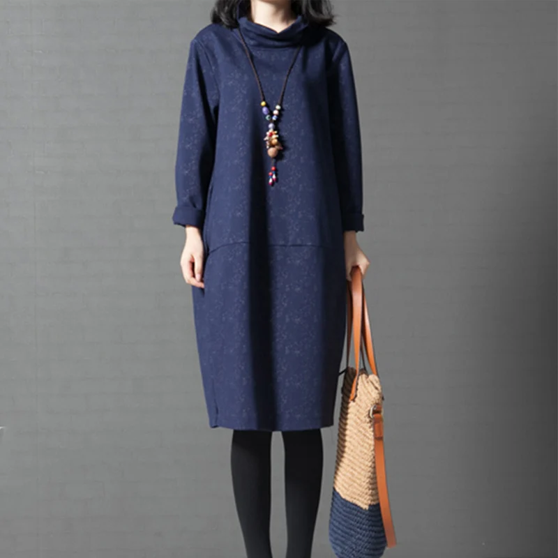 

2019 New Spring autumn Cotton Linen Print Dress Women's Large Size Long Sleeves High neck Casual Loose Warm Dress Vestidos cc766