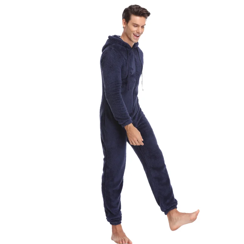 Мужская плюшевая флисовая Пижама, зимняя теплая Пижама, комбинезон, костюмы, одноцветная одежда для сна, Kigurumi, пижамные комплекты с капюшоном для взрослых мужчин