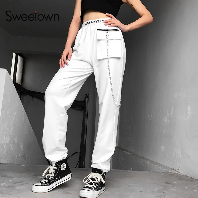 Sweetown белые повседневные с высокой талией повседневные штаны женские Лоскутные металлические цепи хиппи женские джоггеры спортивные штаны осень зима