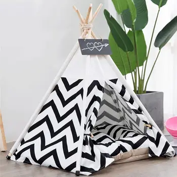 

Stripe Printing Sturdy Triangle Pet Teepee Bed with Cushion Luxery Dog Cat Tents Houses Warm Comfortable Easy to Remove