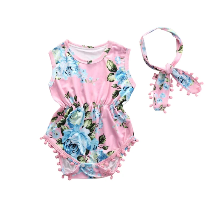 

2Pcs Set Newborn Infant Baby Girl Floral Romper Sleeveless Tassel Jumpsuit +Headband Sunsuit Outfits Clothes